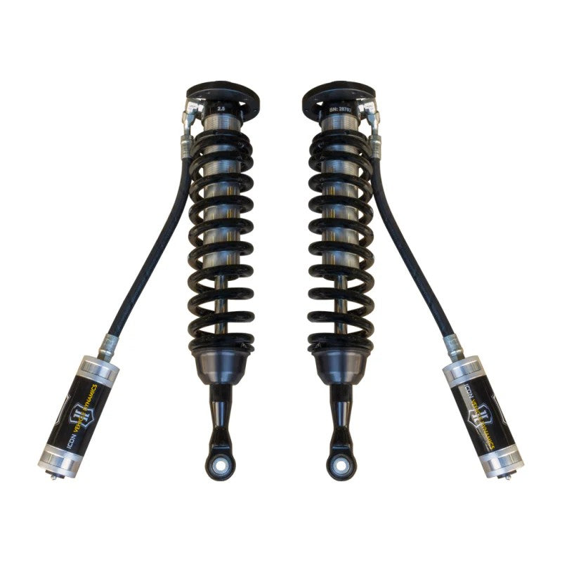 ICON V.S. 2.5 Series remote reservoir front coilovers for Toyota Tundra and Sequoia featuring CAD plated shock bodies.