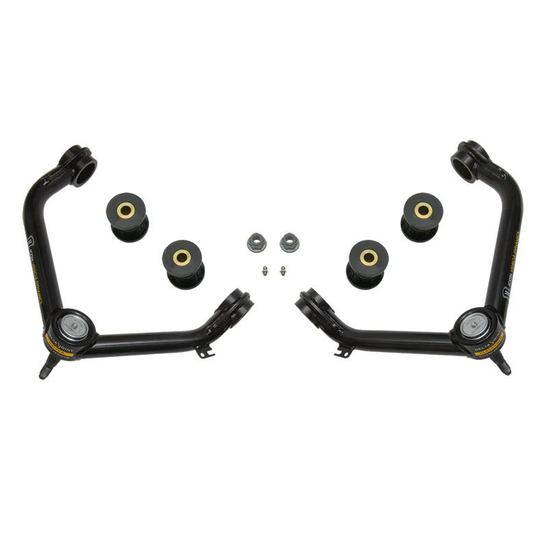 ICON black powder-coated tubular steel upper control arms with patented Delta Joints and bushings for Ram 1500 trucks.