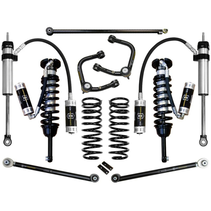 ICON Stage 5 suspension kit including remote reservoir shocks, tubular upper control arms, coil springs, and rear links.