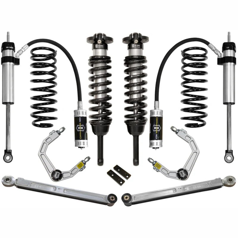 ICON Stage 4 suspension kit including 2.5-inch coilovers, remote reservoir shocks, and billet aluminum upper control arms.
