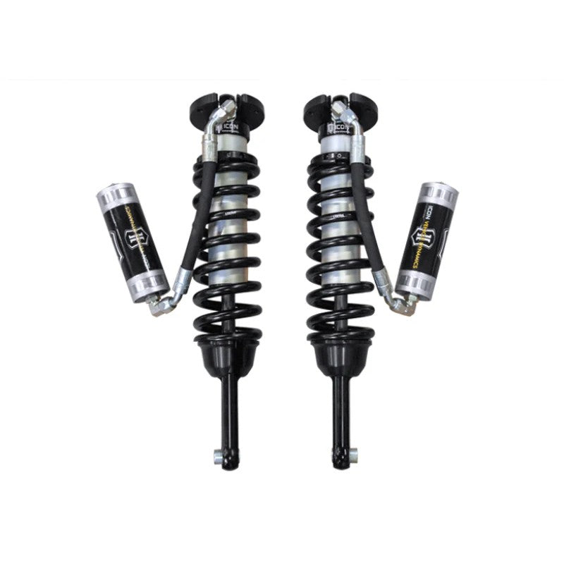 ICON V.S. 2.5 Series remote reservoir extended travel coilover with black coil spring and CAD plated shock body.