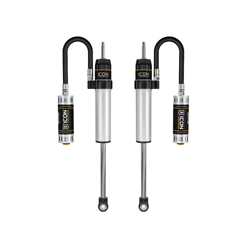 Pair of ICON 2.5 Series VS Remote Reservoir front shocks with aluminum bodies for 2013-2022 Ram 2500 and 3500 trucks.