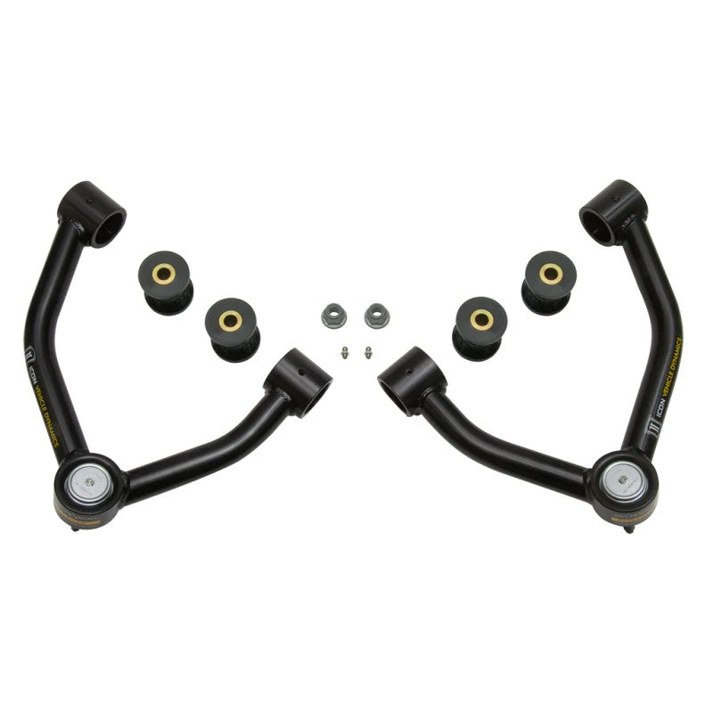 Black powder coated tubular upper control arms with ICON Delta Joints for 2015-2022 Chevrolet Colorado and GMC Canyon.