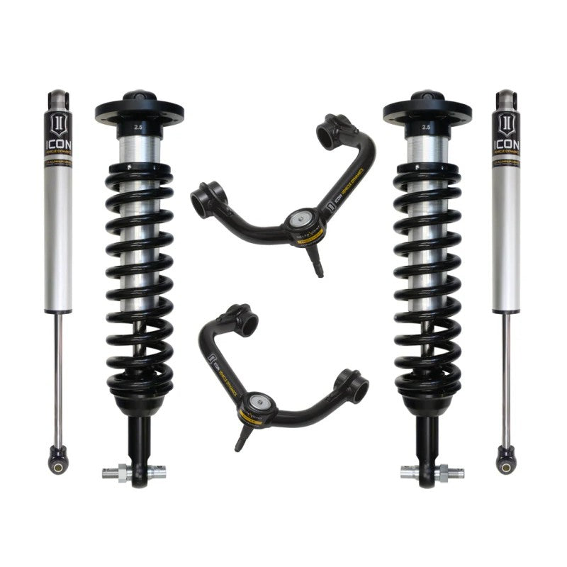 ICON Stage 2 suspension system for 2WD Ford F-150 featuring coilovers, tubular upper control arms, and rear shocks.