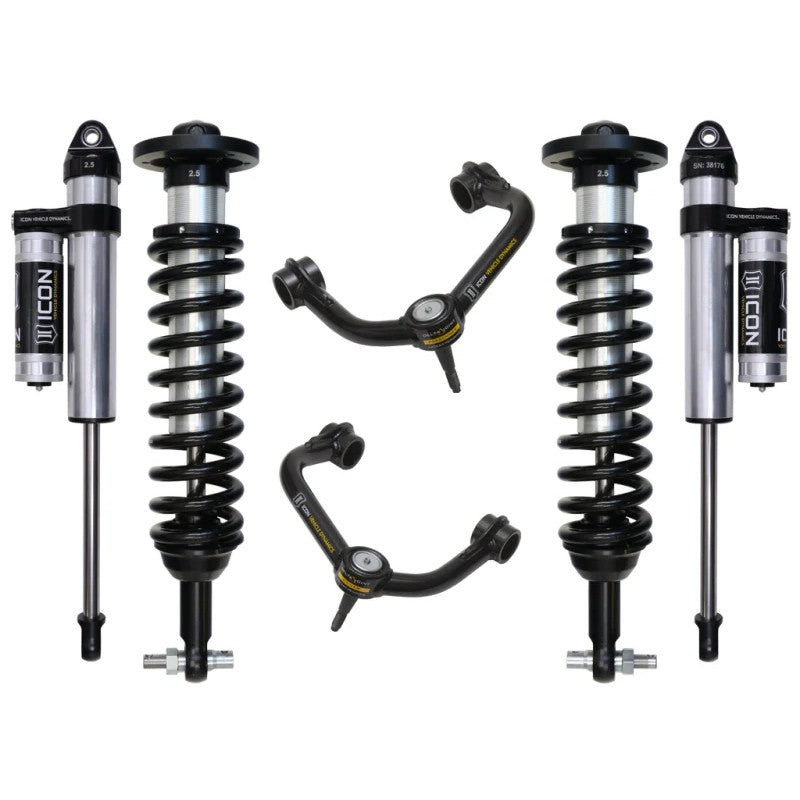 ICON Stage 3 suspension kit for 2015-2020 Ford F-150 2WD including coilovers, tubular upper control arms, and rear shocks.