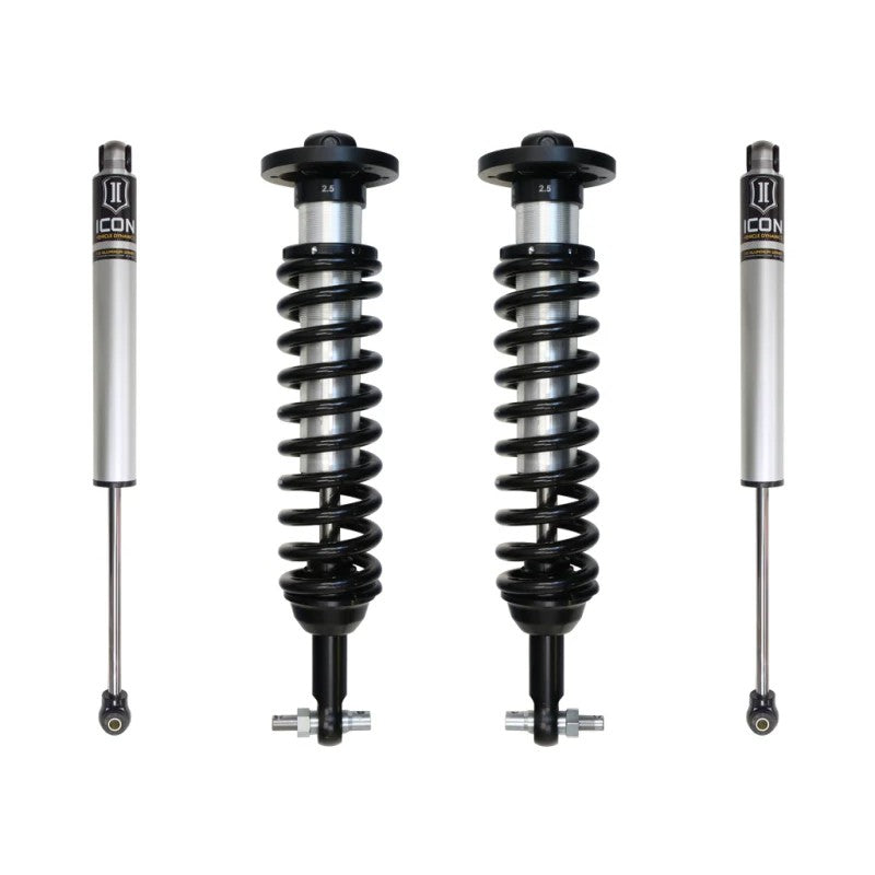 ICON Stage 1 suspension kit featuring 2.5 adjustable coilovers and 2.0 aluminum rear shocks for 2015-2021 Ford F-150 4WD.