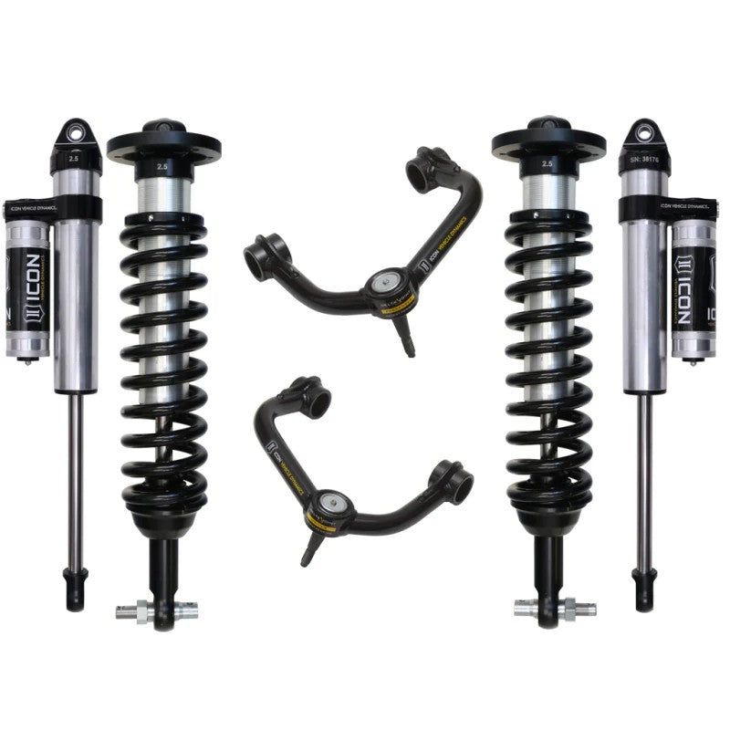 ICON Stage 3 suspension kit for 2015-2020 Ford F-150 4WD including coilovers, tubular UCAs, and piggyback shocks.