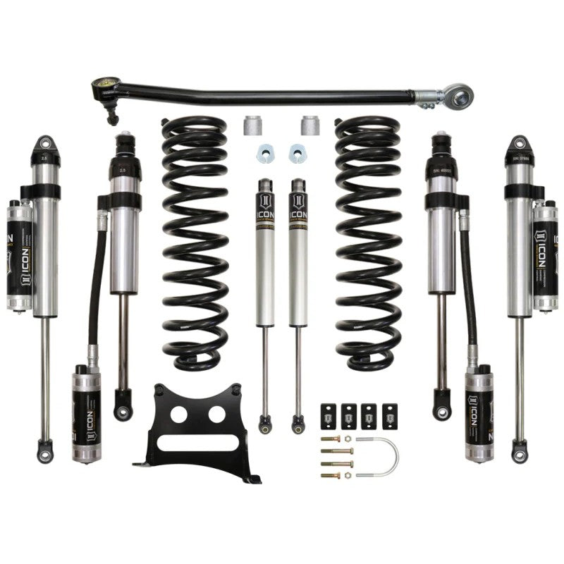 ICON Stage 5 2.5-inch suspension lift kit featuring remote reservoir shocks, coil springs, and dual steering stabilizers.