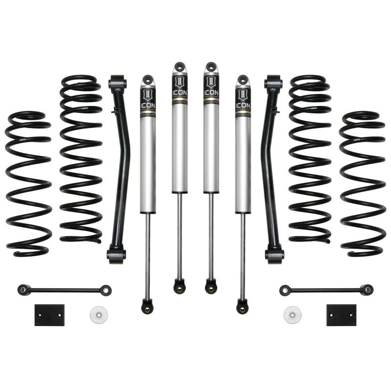 ICON Stage 2 2.5-inch suspension system for Jeep Wrangler JL including shocks, springs, and tubular lower links.