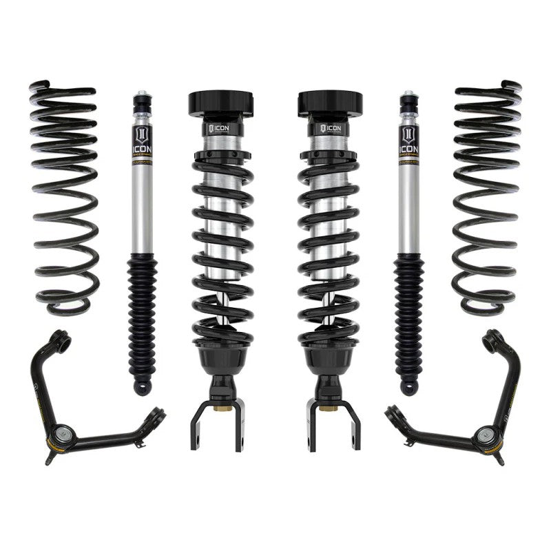 ICON Stage 2 suspension kit for Ram 1500 including 2.5 inch coilovers, rear shocks, and tubular upper control arms.