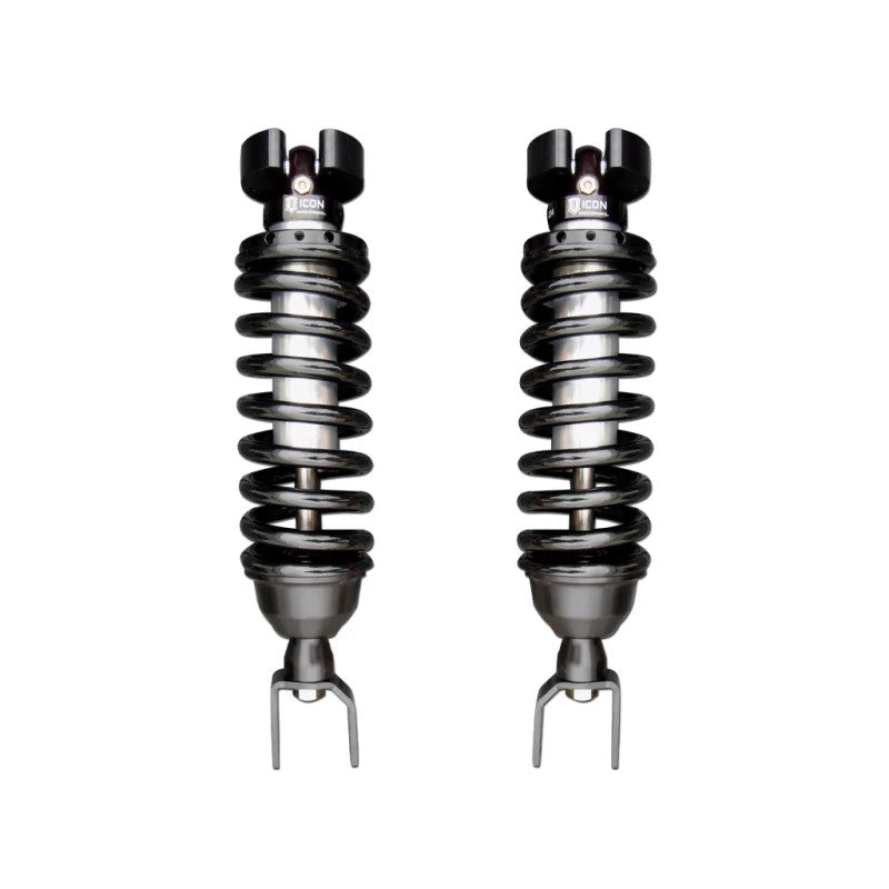 ICON 2.5 Series V.S. IR front coilover assembly for Ram 1500 with black coil springs and CAD-plated bodies.