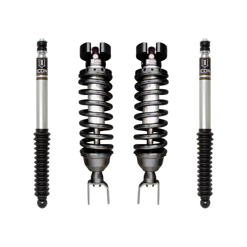 ICON Stage 1 suspension system for Ram 1500 with front coilovers and 2.0 Aluminum Series rear shocks.