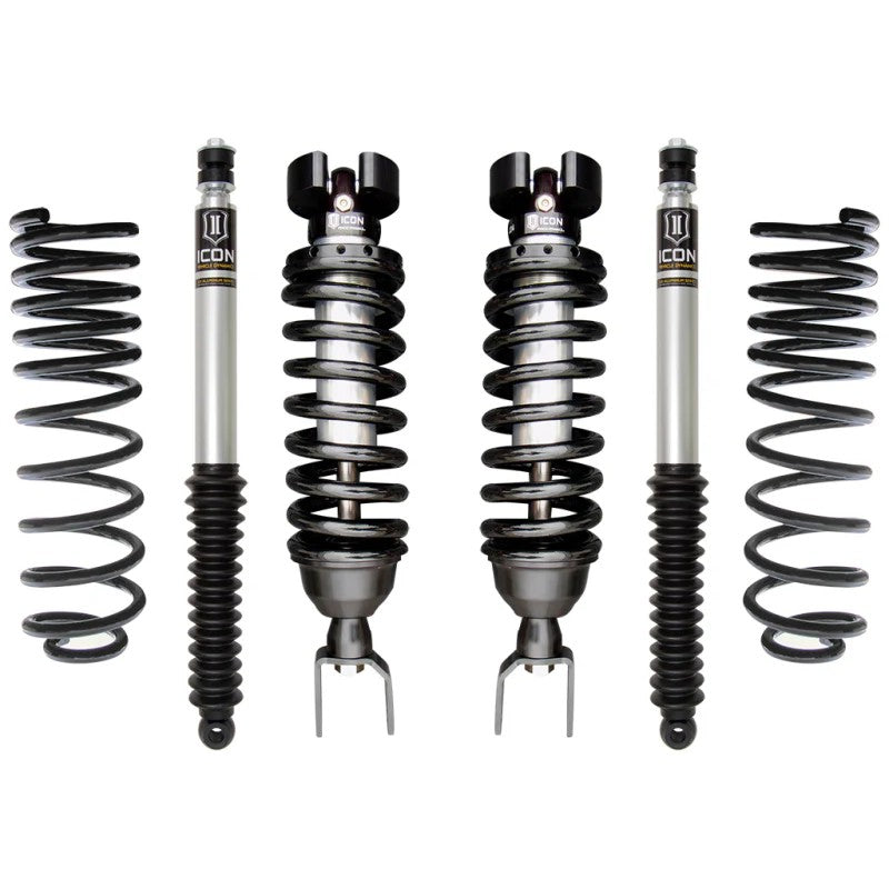 ICON Stage 2 suspension kit including 2.5-inch front coilovers, 2.0 rear shocks, and rear coil springs for Ram 1500.