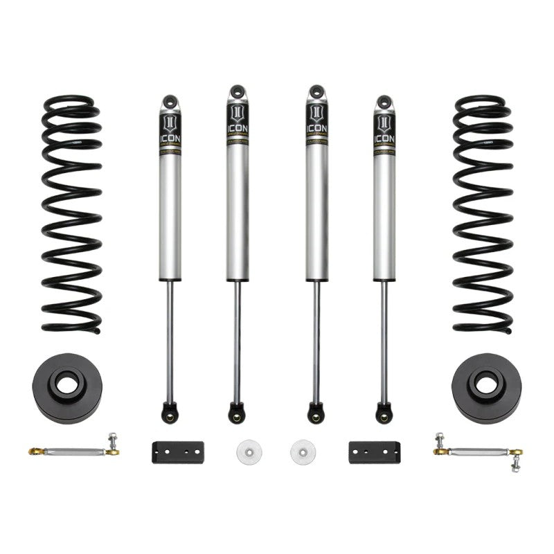 ICON Stage 1 suspension kit for 2020-2023 Jeep Gladiator JT featuring 2.0 Aluminum Series shocks and coil springs.