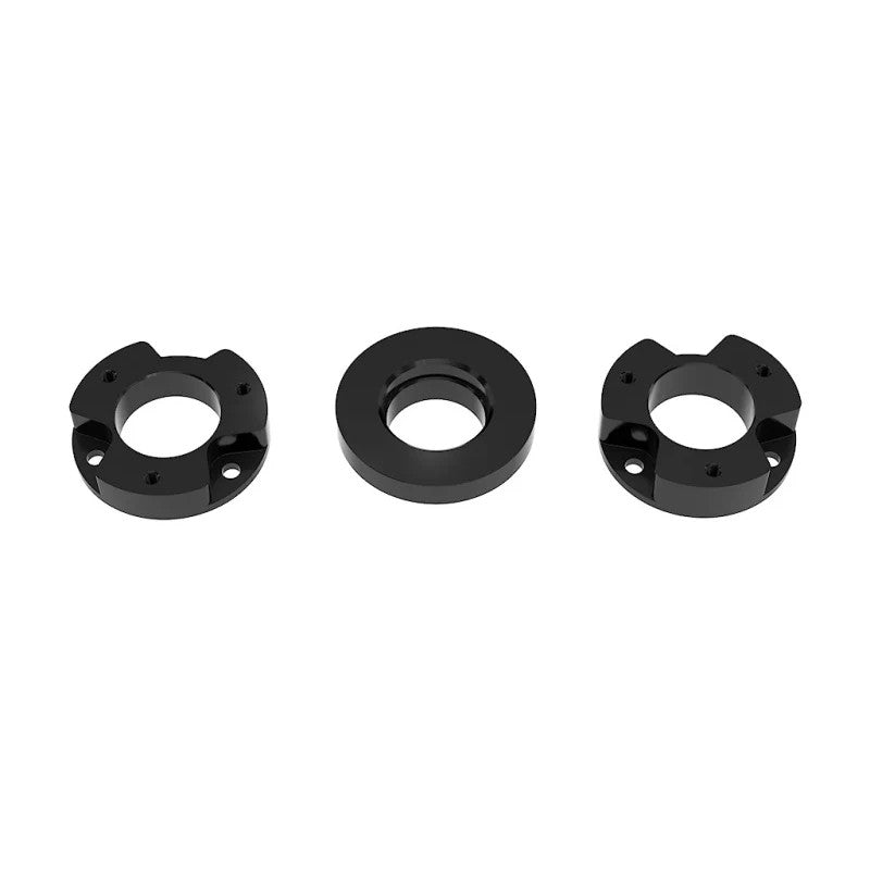 Black anodized ICON CNC machined billet aluminum coilover spacer kit with top load shims for 2021-2023 Ford Bronco.