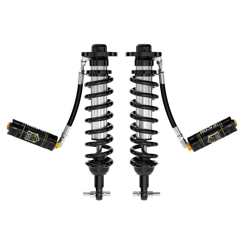 ICON 2.5 Series front remote reservoir coilovers with CDCV adjustment knobs for 2021-2025 Ford F-150 4WD.