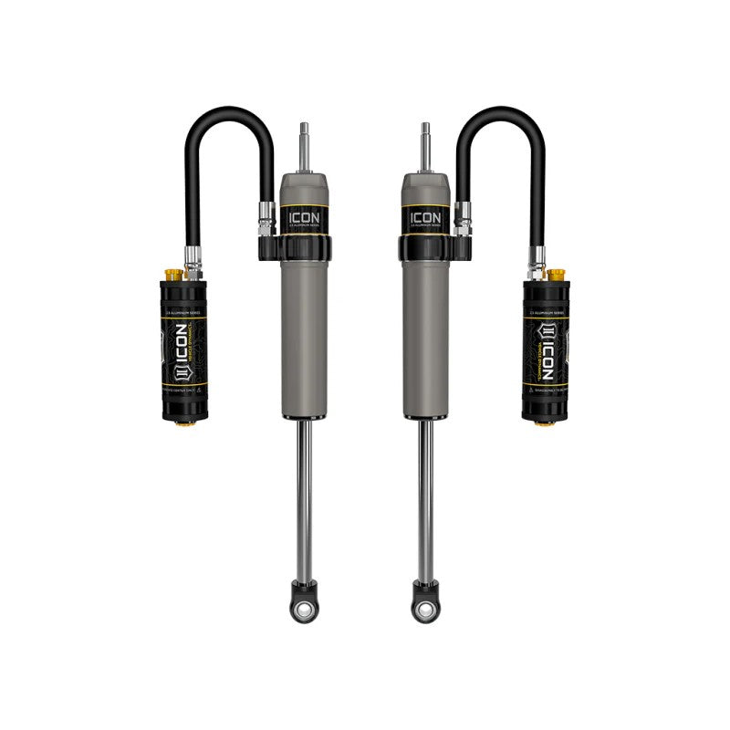 ICON V.S. 2.5 Series remote reservoir rear shocks with CDCV adjustment knobs and mounting hardware for Toyota Tundra.