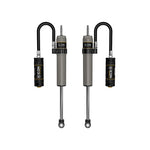 Pair of ICON V.S. 2.5 Series rear shocks with remote reservoirs and hard-anodized aluminum bodies for Toyota Tundra.