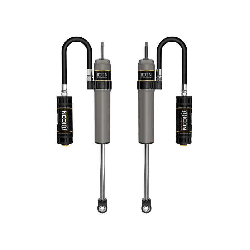 Pair of ICON V.S. 2.5 Series rear shocks with remote reservoirs and hard-anodized aluminum bodies for Toyota Tundra.