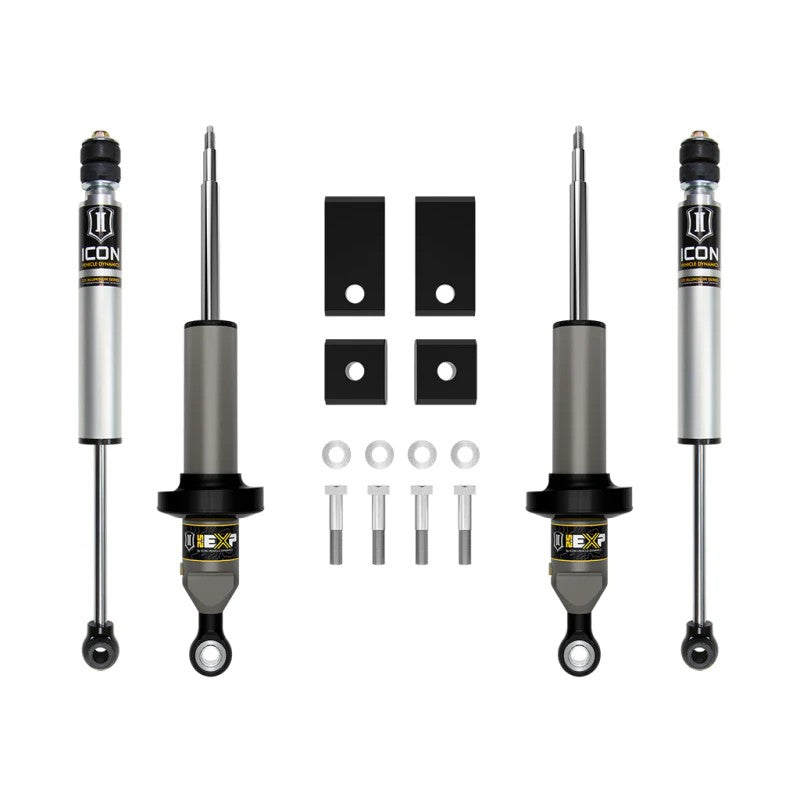 ICON K53191 Stage 1 Suspension System featuring 2.5 EXP front shocks and 2.0 Aluminum Series rear shocks.
