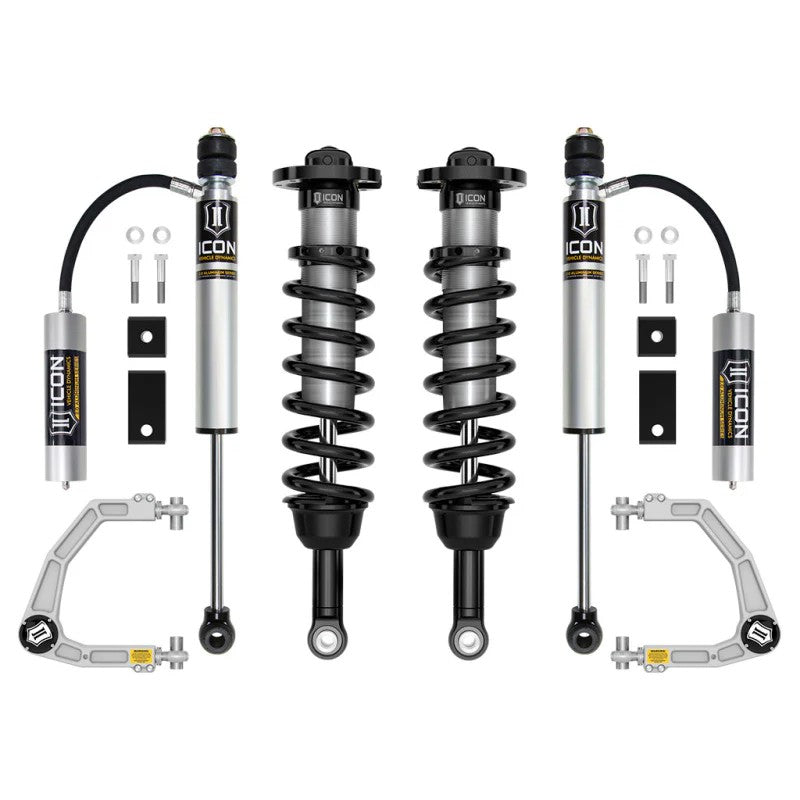 ICON Stage 5 suspension kit featuring 2.5 front coilovers, 2.0 remote reservoir rear shocks, and billet aluminum UCAs