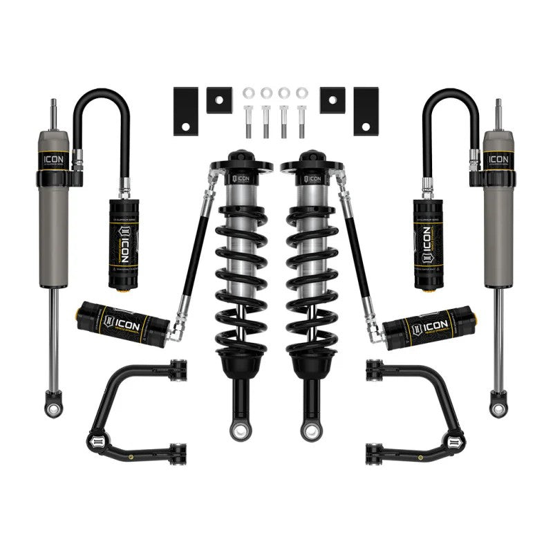 ICON Stage 7 suspension kit including remote reservoir coilovers, rear shocks, and tubular upper control arms.