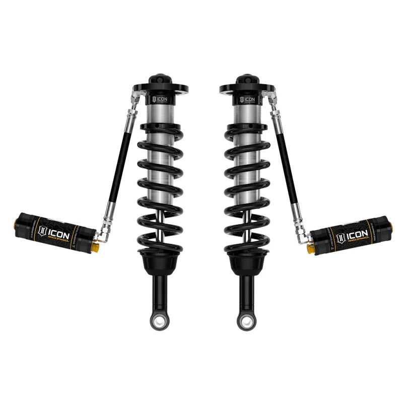 ICON V.S. 2.5 Series remote reservoir front coilover shocks with CDCV and CAD plated bodies for 2022-2025 Toyota Tundra.