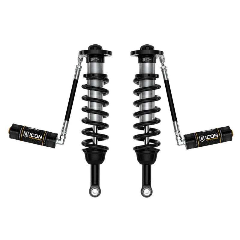 ICON V.S. 2.5 Series remote reservoir front coilovers with silver CAD plated bodies and black coil springs