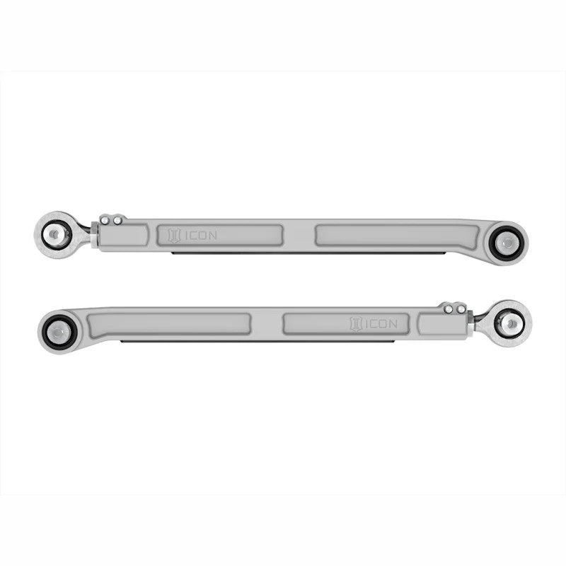 ICON CNC machined 6061 billet aluminum rear lower link kit with black anodized finish and nylon rock sliders