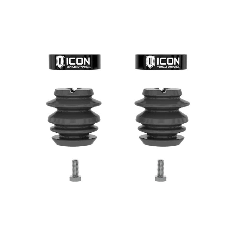 ICON front foam bump stop kit featuring black anodized aluminum mounts and progressive micro-cellular foam stops.