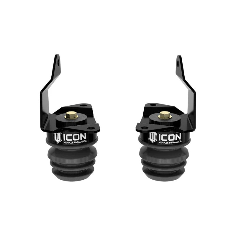 ICON rear bump stop kit with micro-cellular foam, black anodized 6061 aluminum, and powder-coated steel brackets.