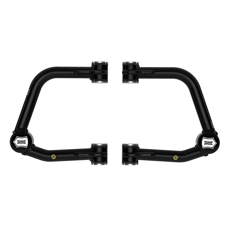 ICON black powder coated tubular upper control arms with Delta Joint PRO and billet caps for 2022-2025 Toyota Tundra.