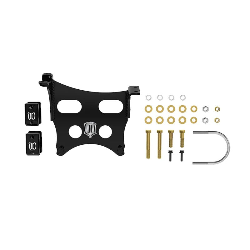 ICON 2.0 Aluminum Series dual steering stabilizer kit with black 6061 billet aluminum tie rod clamps and steel brackets.