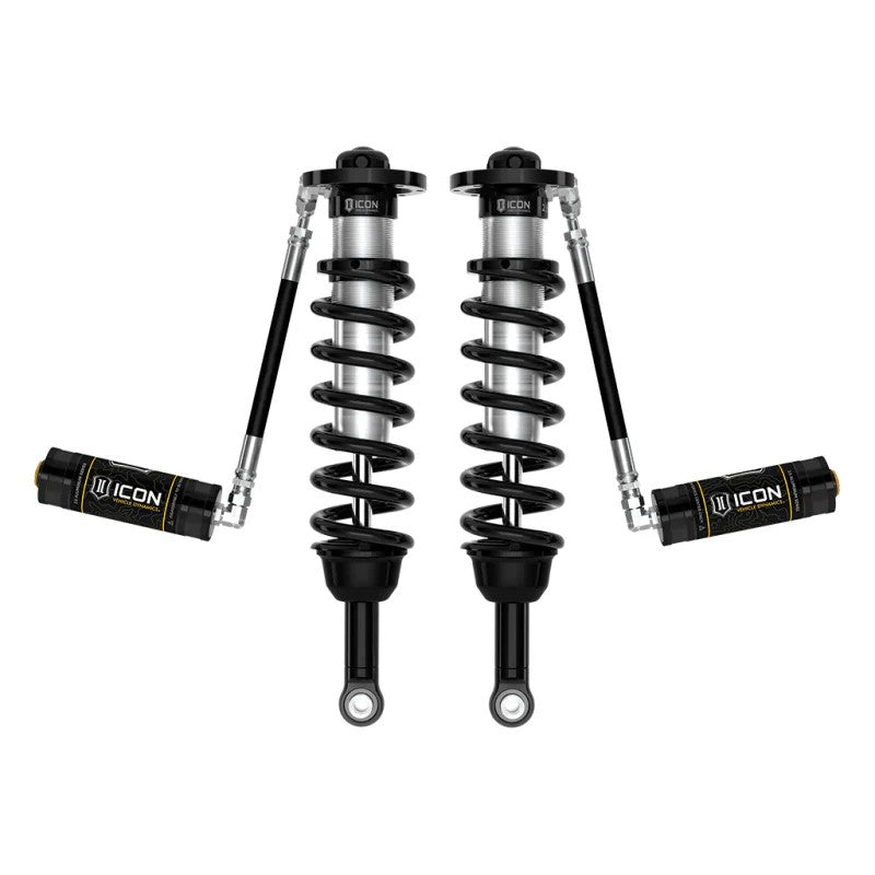 ICON 2.5 VS Series remote reservoir front coilover kit with silver CAD-plated bodies and blue 6061 aluminum components.