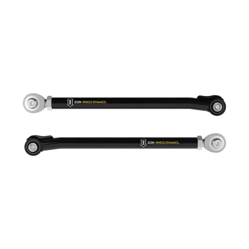 ICON 54003T tubular rear lower links in semi-gloss black powder coat with FK rod ends and multi-durometer bushings.