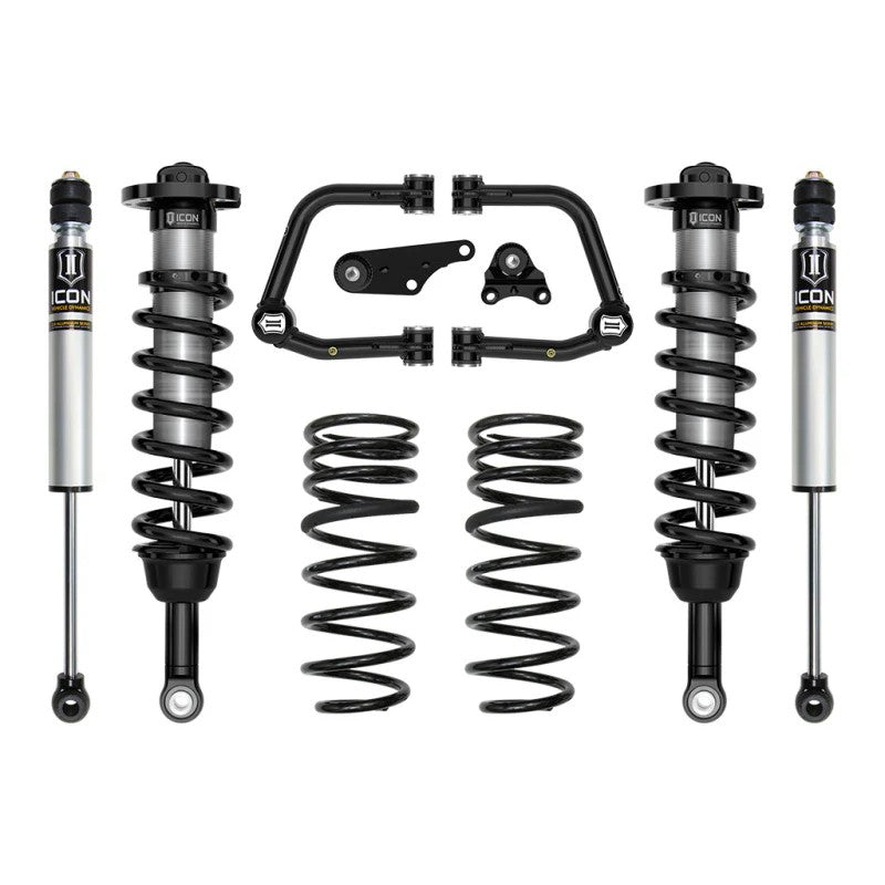 ICON Stage 2 suspension kit for 2024-2025 Toyota Land Cruiser featuring coilovers, tubular UCAs, and 2.0 rear shocks.