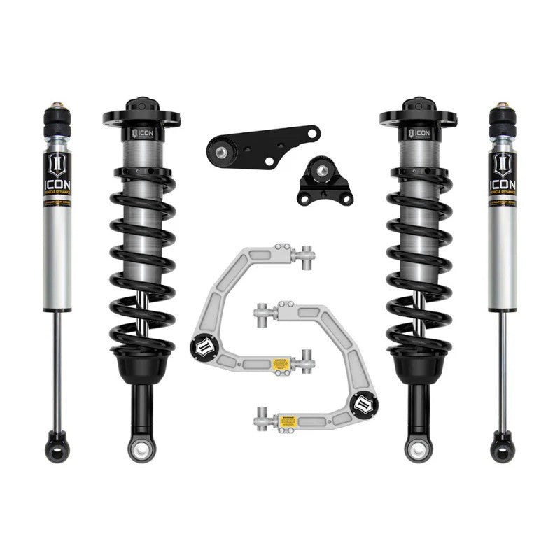 ICON Stage 2 suspension system featuring 2.5 Series coilovers and billet aluminum upper control arms for 2024-2025 Tacoma.