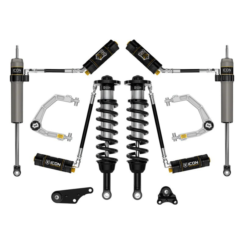 ICON Stage 5 suspension kit for 2024-2025 Tacoma with remote reservoir coilovers, rear shocks, and billet aluminum UCAs.