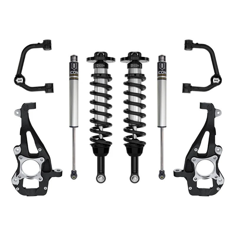 ICON Stage 1 suspension system for 2021-2025 Ford F-150 featuring coilovers, tubular UCAs, and steering knuckles.