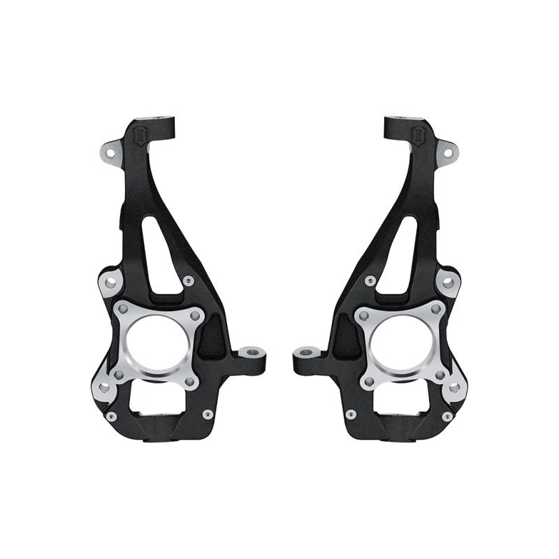 ICON Vehicle Dynamics black powder coated ductile iron front steering knuckles for 2021-2025 Ford F-150 4WD.