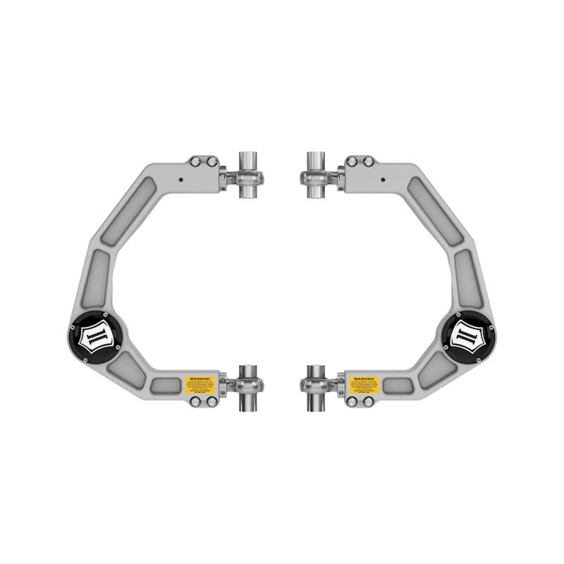Satin anodized billet aluminum ICON upper control arms for Ford F-150 with Delta Joint PRO and O-ring sealed dust covers.