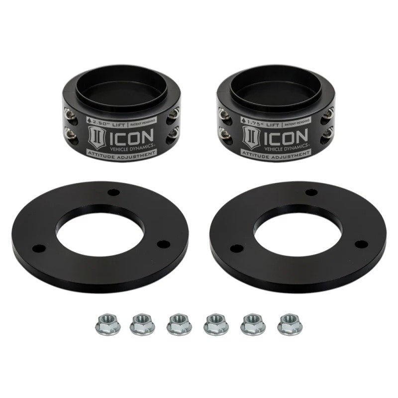 Black anodized ICON AAC billet aluminum multi-height leveling kit for 2021-2025 Ford Raptor.
