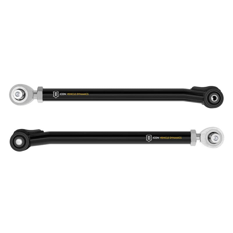ICON black powder coated tubular adjustable rear lower links for 2021-2023 Ford Bronco with FK rod ends and bushings.
