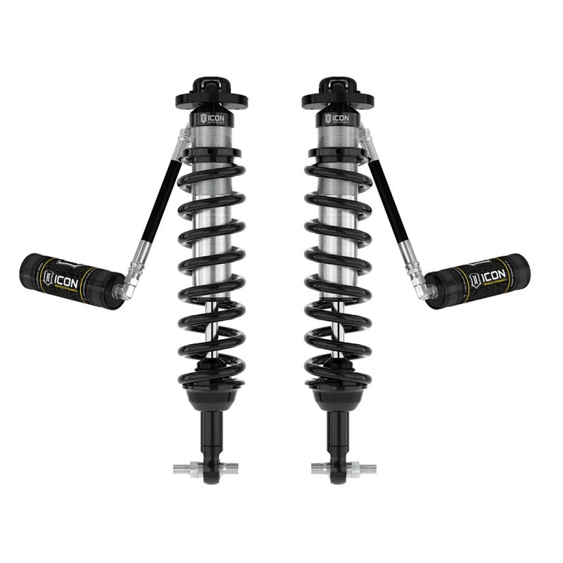 ICON V.S. 2.5 Series remote reservoir front coilover with silver CAD plated shock body and Eibach coil spring.