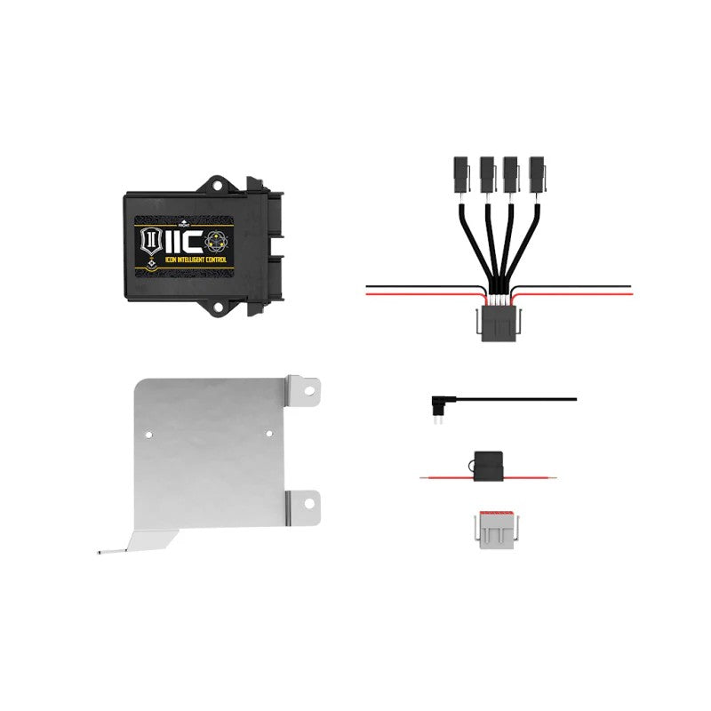 ICON Intelligent Control IIC install kit including vehicle-specific mounting brackets and wiring harness for Ford Bronco.