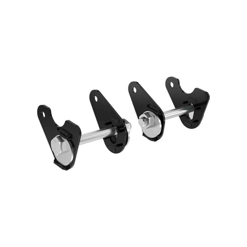 ICON Vehicle Dynamics rear camber cam kit with steel plates, zinc-plated cams, and installation drilling template.