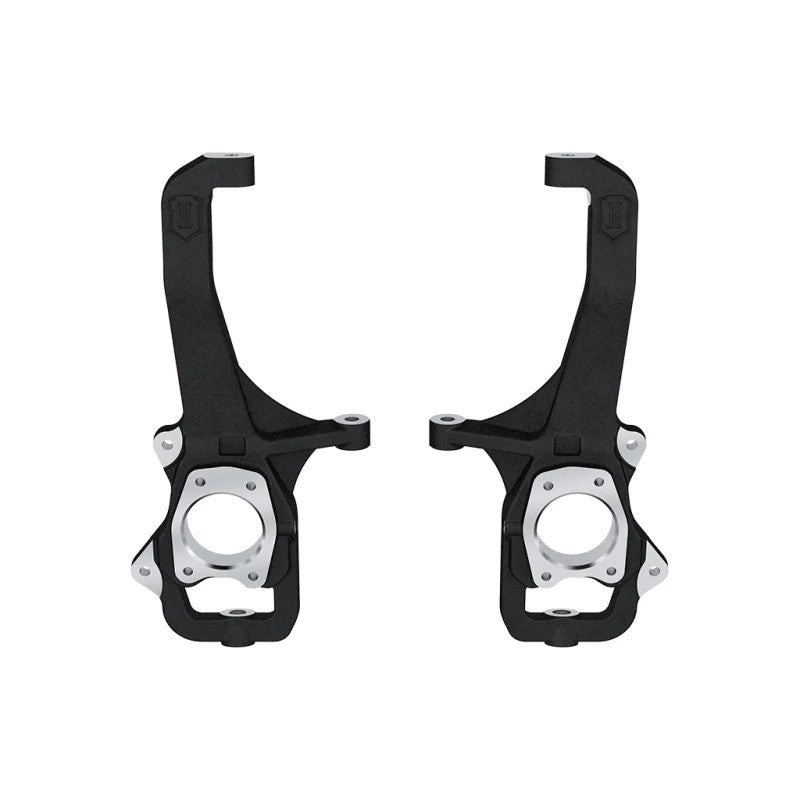 ICON black powder-coated CNC-machined ductile iron front steering knuckles for 2022-2024 Toyota Tundra.