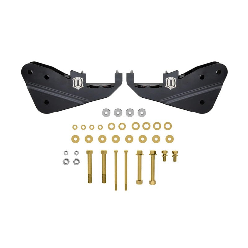 ICON semi-gloss black powder coated steel radius arm drop brackets for 2023-2025 Ford Super Duty trucks.