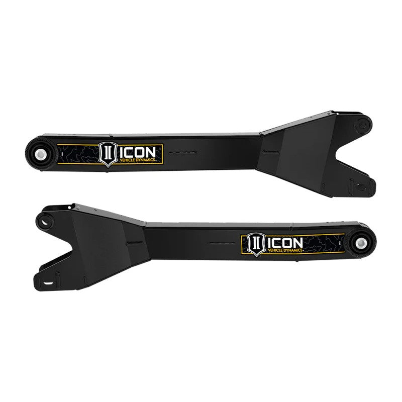 ICON 64043 fabricated fully boxed radius arms in semi-gloss black for 2023-2025 Ford Super Duty trucks.
