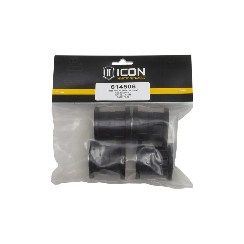 ICON 614506 kit containing polyurethane bushings, Delrin rings, and zinc-plated steel sleeves for tubular upper control arms.